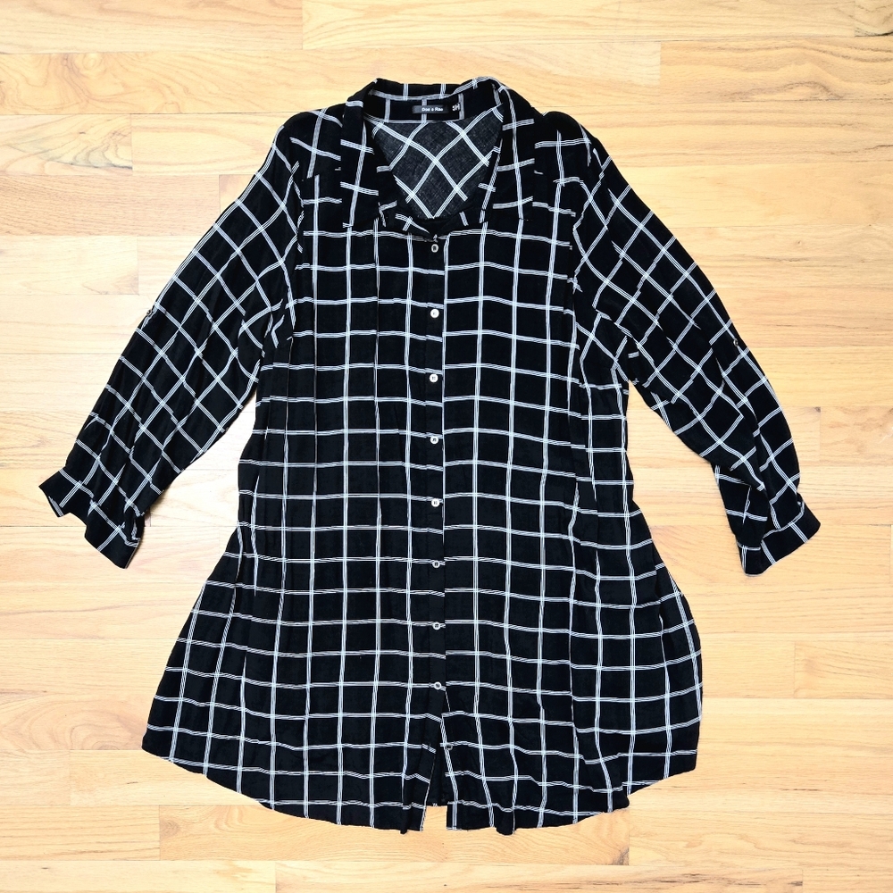 Black Windowpane Button-Front Tunic Shirt Dress - Plus Size